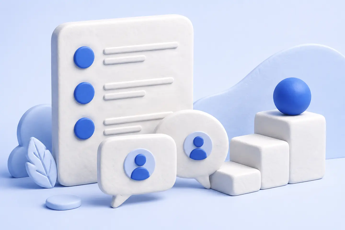 Blue and white clay illustration of a goal checklist, two speech bubbles with abstract profile icons, and steps rising to a blue sphere.