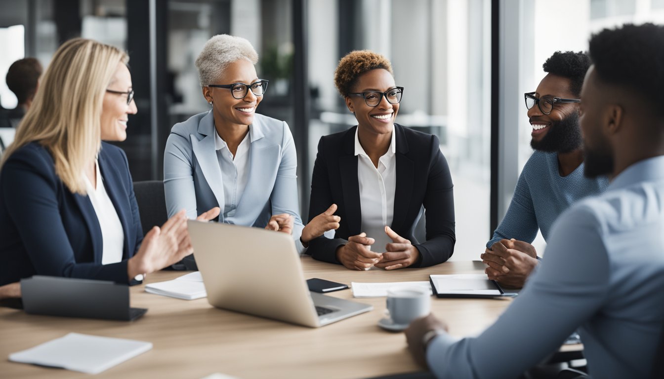 A diverse group of leaders engage in inclusive leadership coaching, sharing ideas and collaborating in a modern office setting