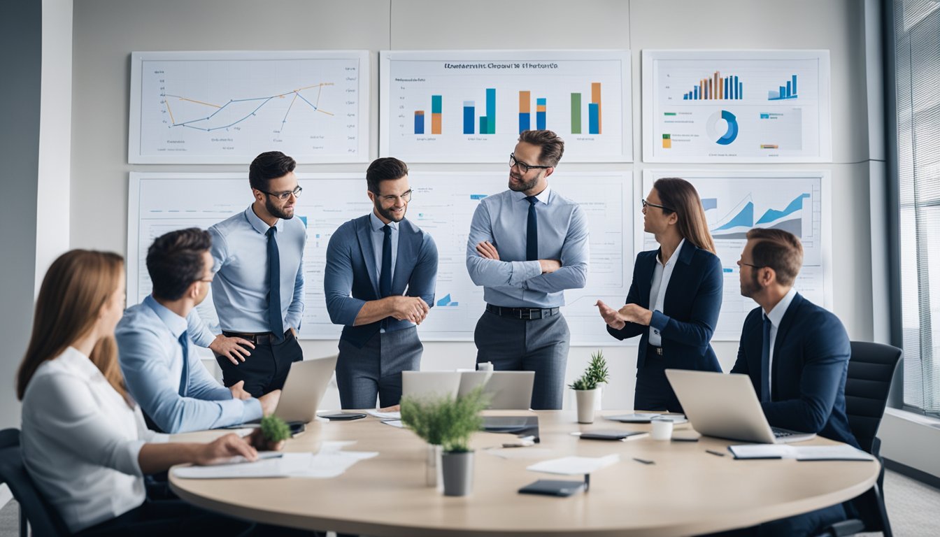 A group of professionals gather around a table, discussing risk mitigation strategies. Charts and graphs are displayed on the wall behind them