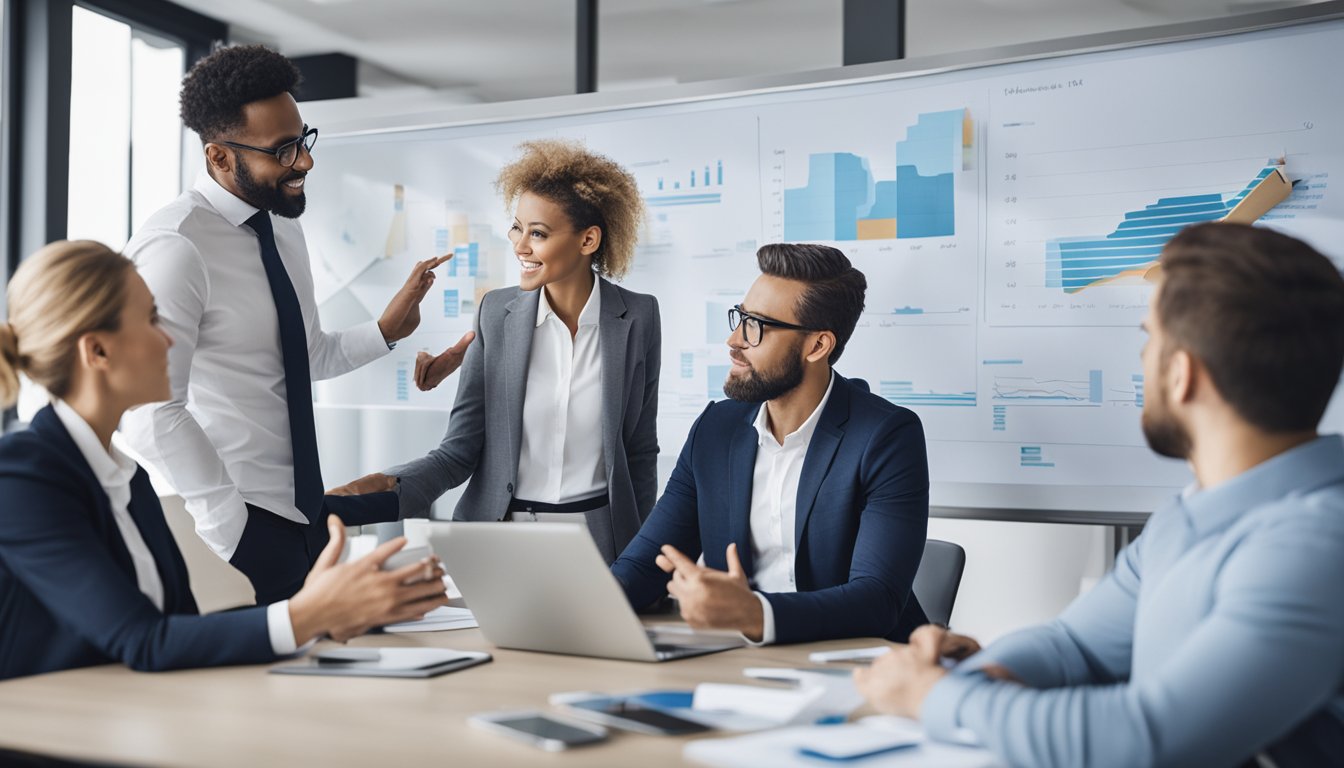 A group of professionals brainstorming around a table, charts and graphs displayed on a whiteboard, as they discuss proactive HR risk management strategies