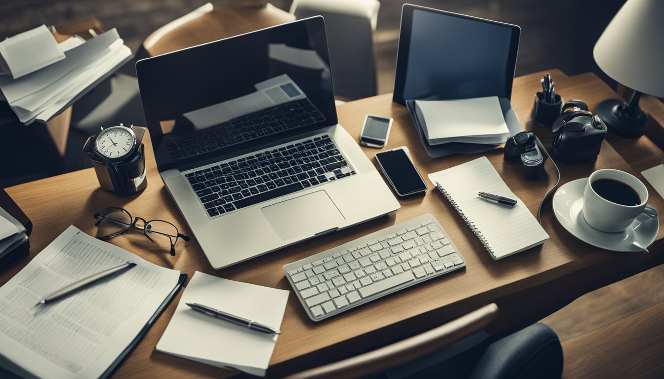 A cluttered desk with a laptop, smartphone, and scattered papers. A clock shows late hours. An exhausted figure slumps in a chair
