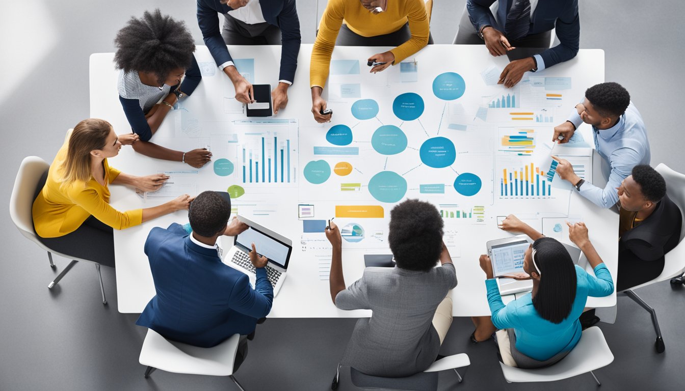 A diverse group of people collaborate around a table, brainstorming and implementing strategies for customized learning solutions. Charts and diagrams cover the walls, showcasing their innovative ideas