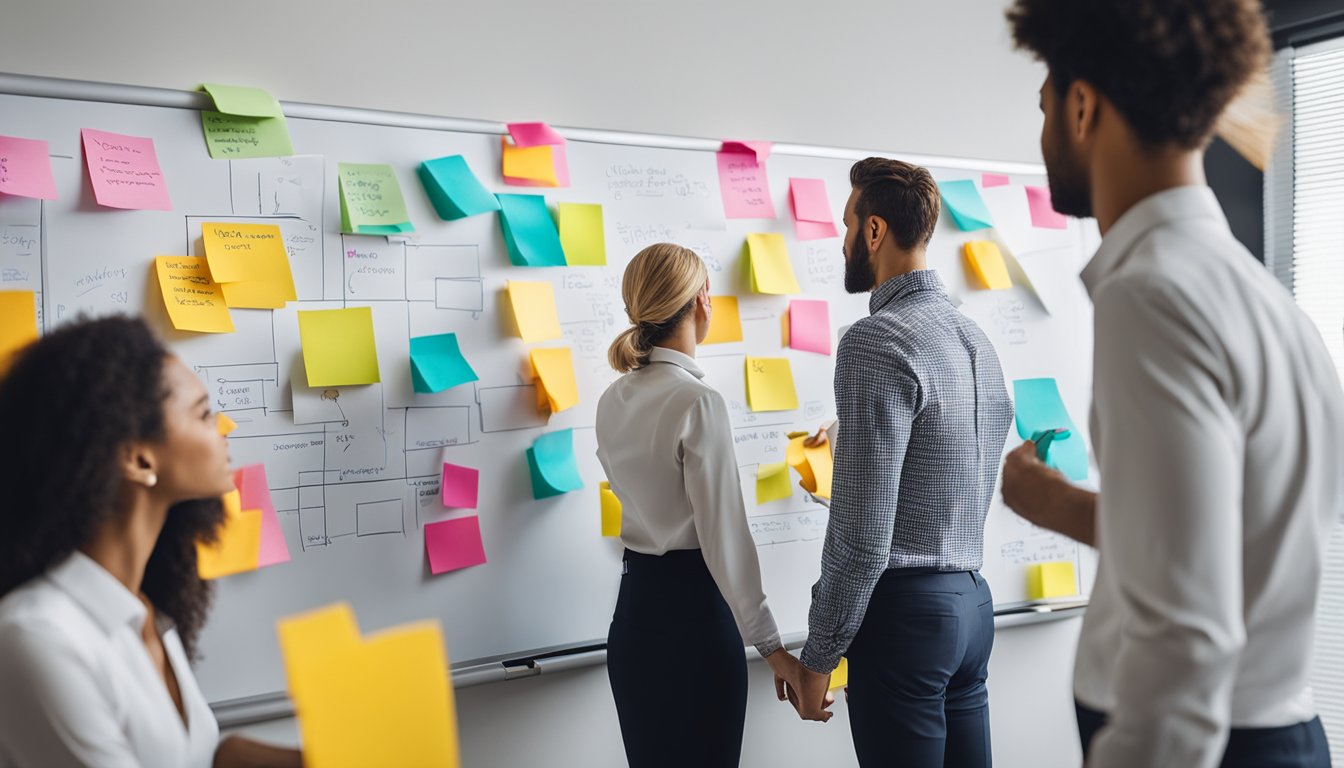 A group of employees collaboratively brainstorm and sketch out innovative ideas on a whiteboard, surrounded by colorful sticky notes and design thinking frameworks