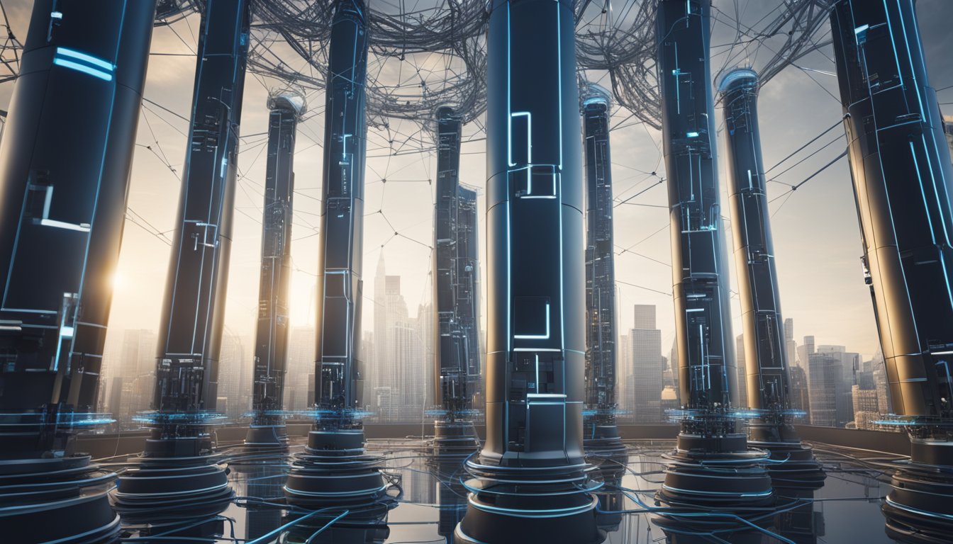 A bustling tech ecosystem with interconnected pillars, each representing a different aspect of HR technology. The pillars stand tall, surrounded by a network of wires and connections