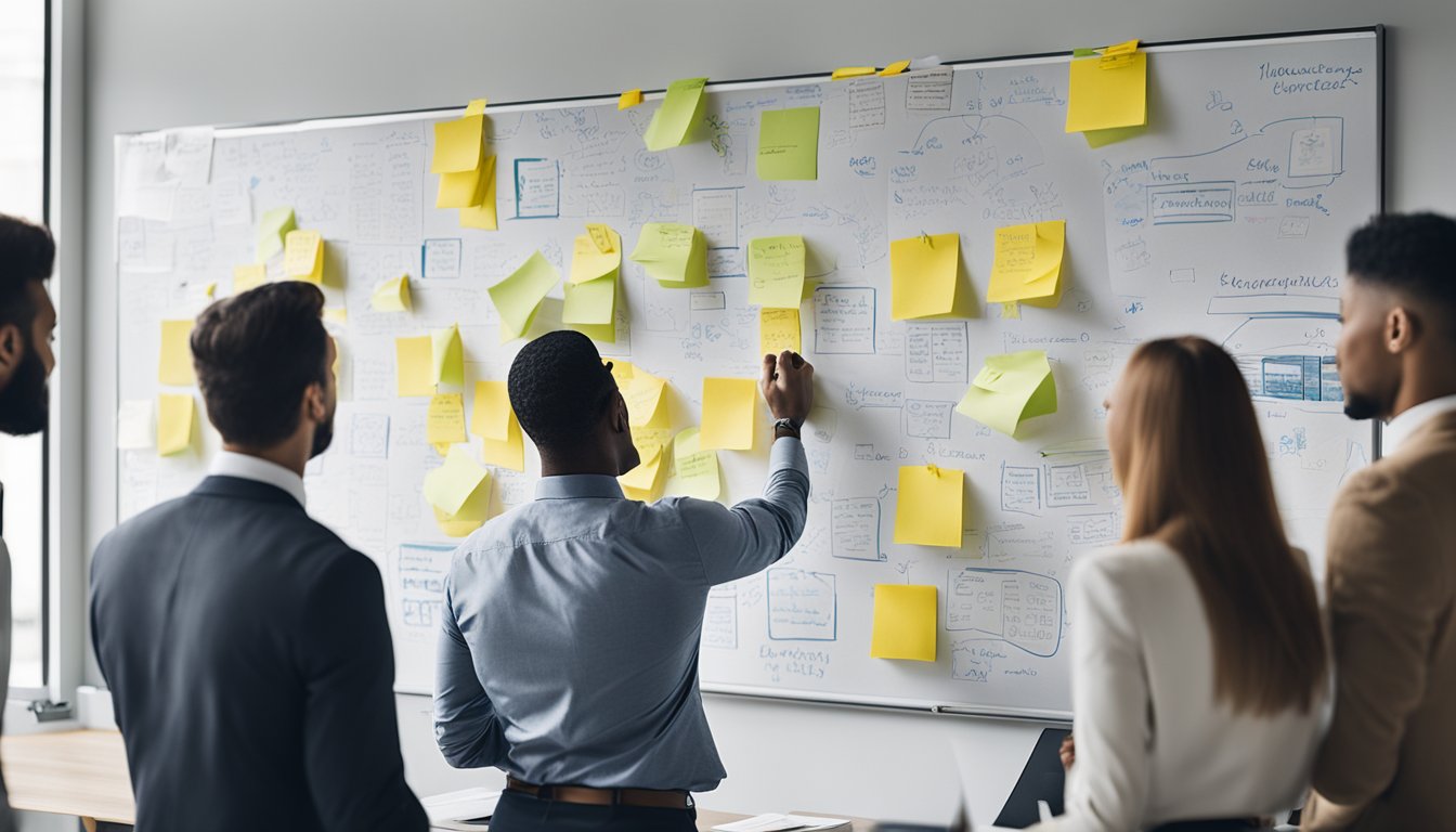 A team collaborates on a whiteboard, brainstorming and mapping out ideas. Post-it notes and sketches cover the surface, showing the process of employee experience design thinking