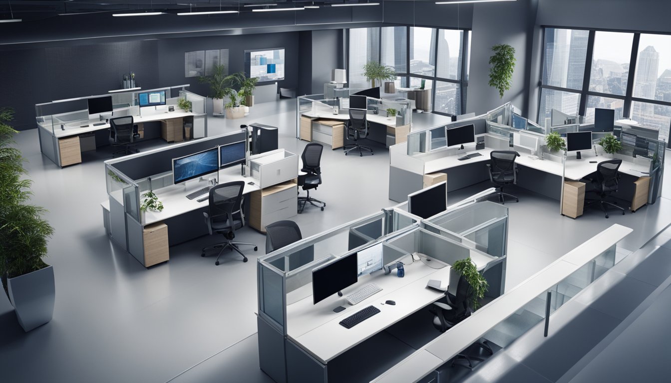 A sleek, modern office setting with computer workstations, servers, and technology equipment. A team of professionals collaborating and problem-solving in a dynamic, high-tech environment