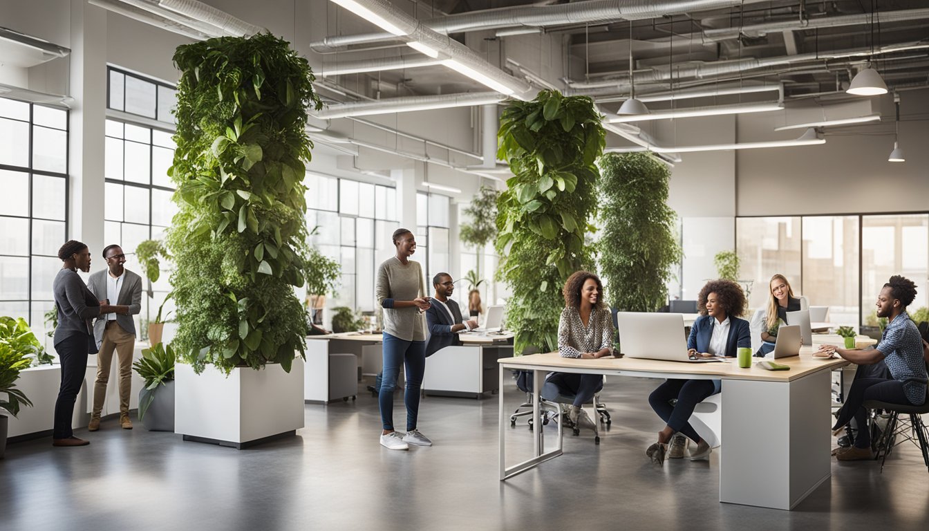 A group of diverse individuals collaborating in a modern office space with eco-friendly features such as natural lighting, recycling stations, and indoor plants