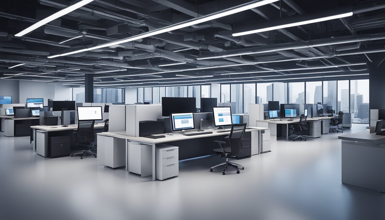 An office setting with modern technology, including computers, tablets, and smartphones. A central server or cloud storage system is visible, with data being transferred and organized efficiently