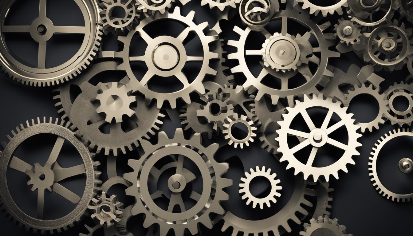 A series of interconnected gears and cogs, each representing a different aspect of the talent supply chain, working together to drive the system forward