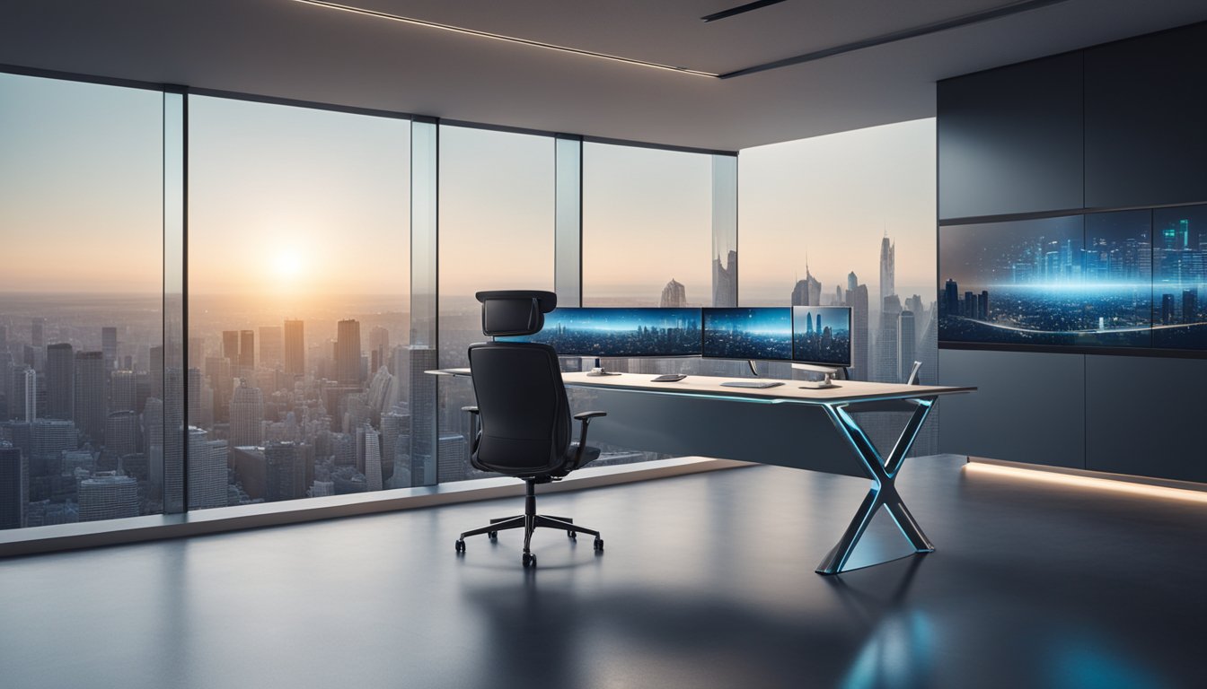 A sleek, modern home office with a panoramic view of a futuristic city skyline. A freelancer works at a high-tech desk with holographic displays