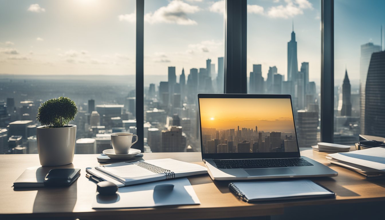 A cluttered desk with a laptop, notebook, and scattered papers. A bright window overlooks a city skyline, symbolizing the challenges and opportunities for freelancers