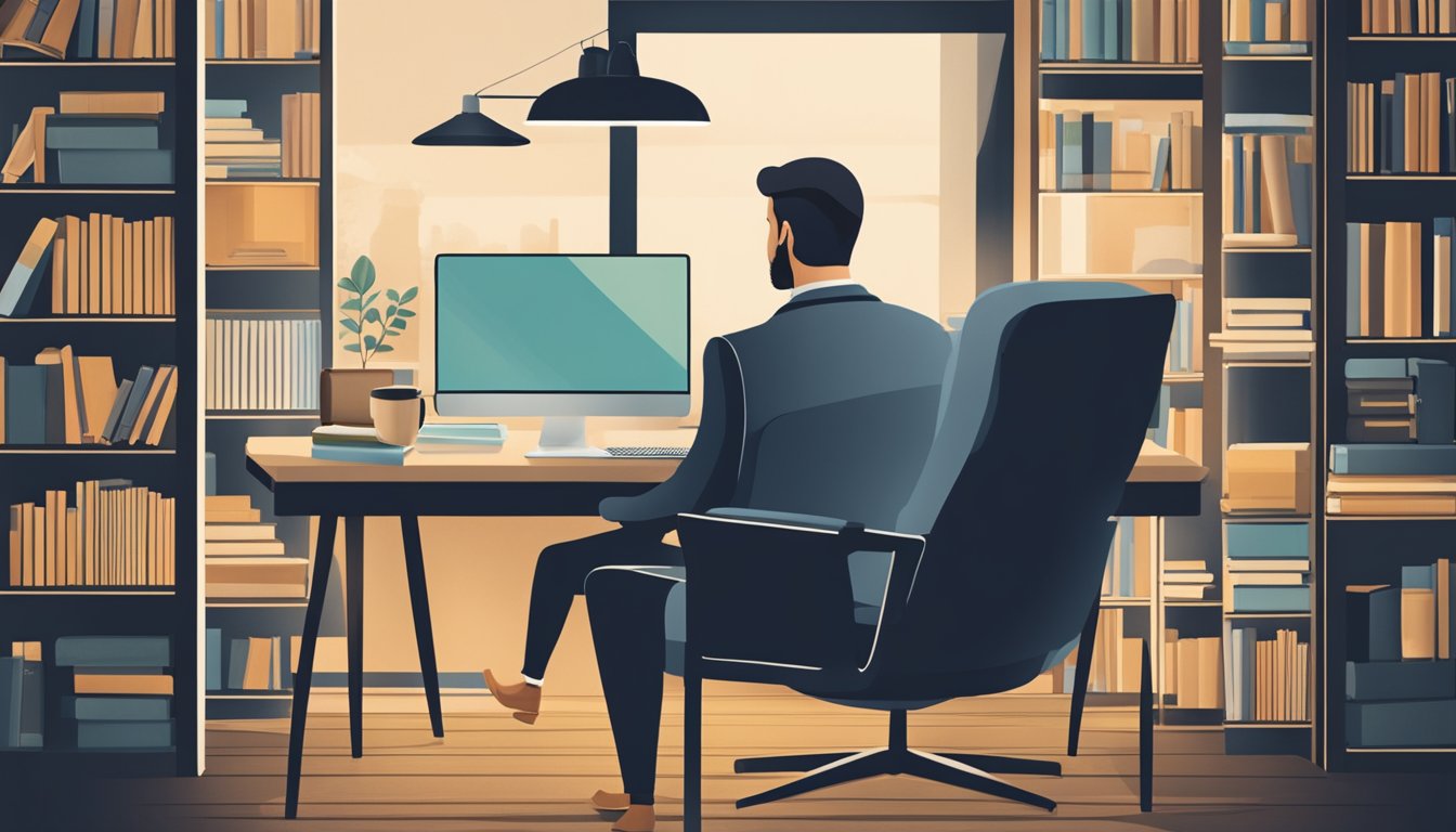 A person sitting in a cozy office chair, surrounded by books and a laptop, engaged in a one-on-one career coaching session with a professional