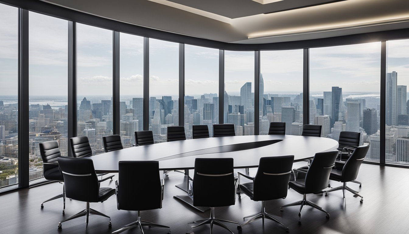 A boardroom table with chairs arranged in a professional setting, with a large window and a city skyline in the background