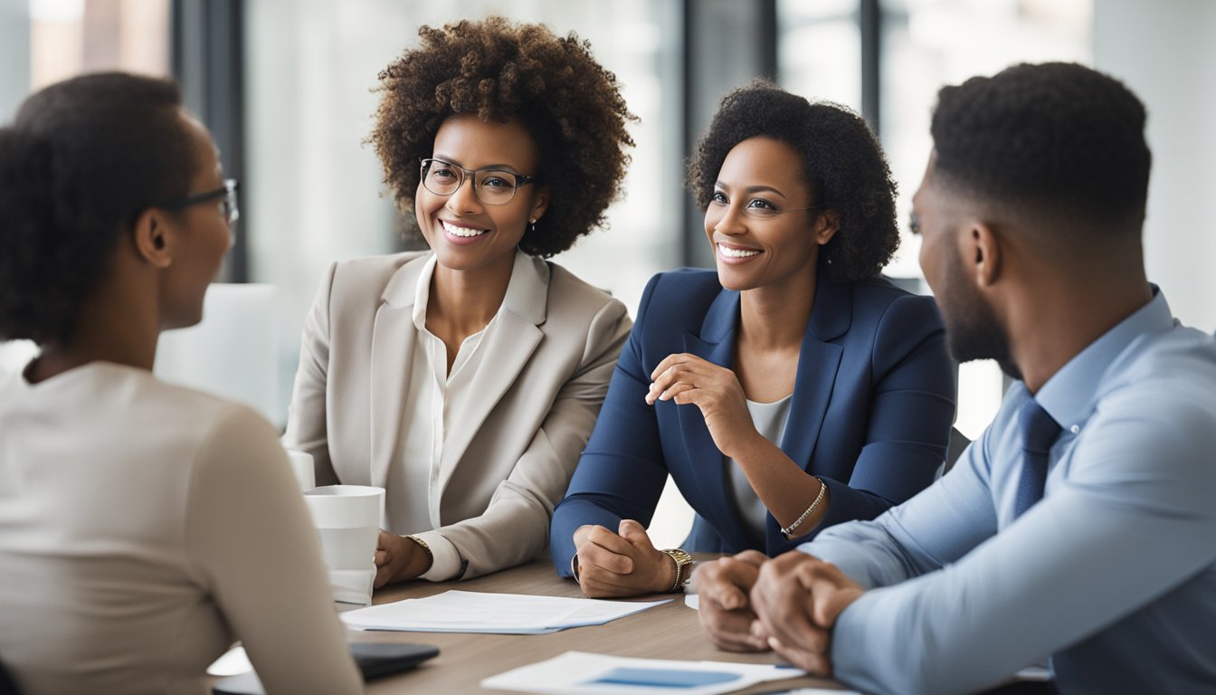 A diverse group of employees engage in a respectful and collaborative performance review session