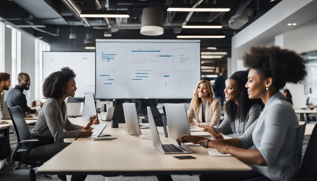 A group of diverse professionals collaborate in a modern, open office space, using digital tools and whiteboards to implement agile talent practices