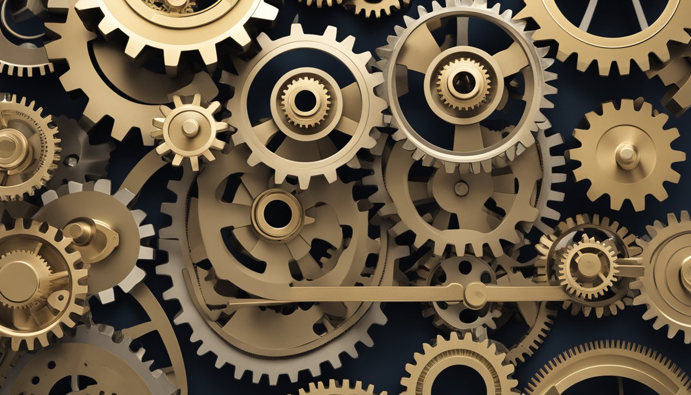 A series of interconnected gears and cogs, each labeled with different HR metrics, turning and working together in a seamless and efficient manner